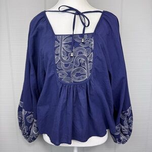 Rain Blue Cotton Peasant Top Balloon Sleeve Embroidered Yoke Boho Folk Artisan M